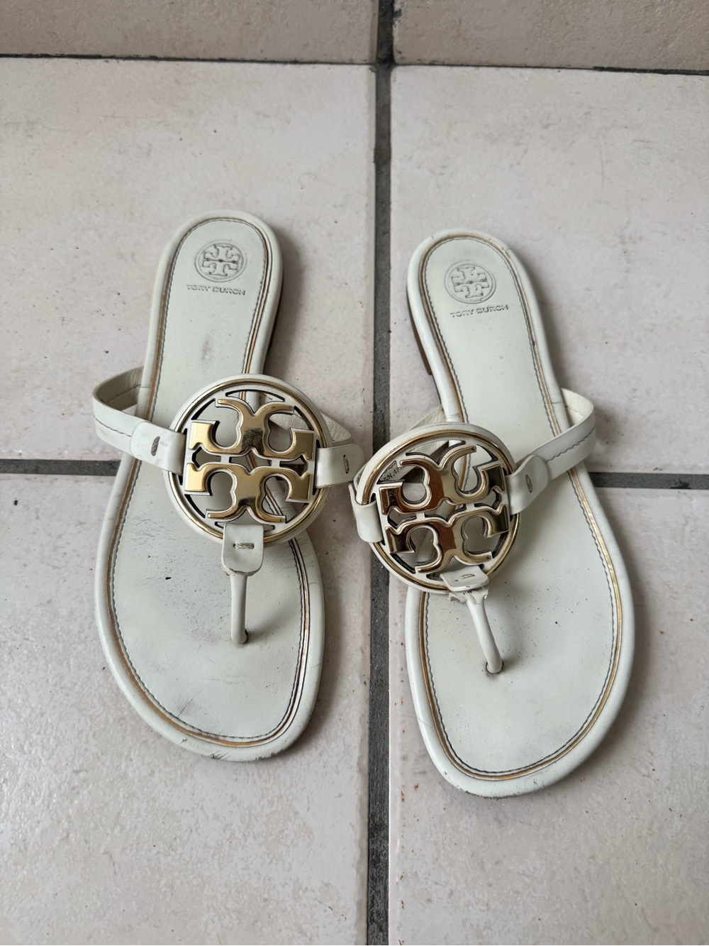 Tory Burch Cream Miller Logo Thong Sandals with Gold Emblem